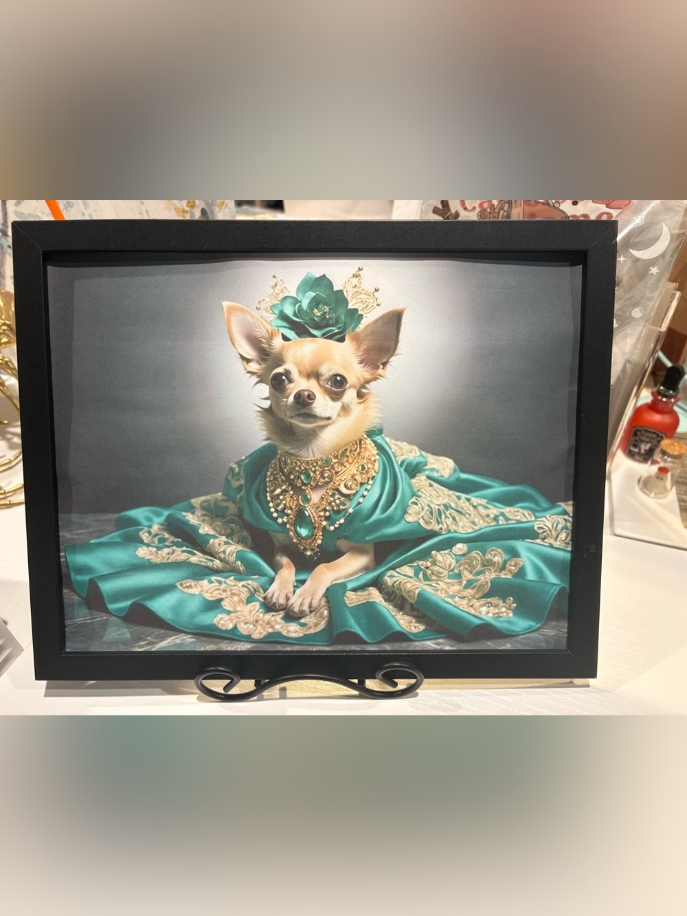 Chihuahua Framed 10x8 Dog Portrait in Regal Emerald Gown and Jewelry